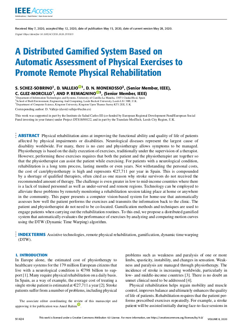 A Distributed Gamified System Based on Automatic Assessment of Physical Exercises to Promote Remote Physical Rehabilitation
